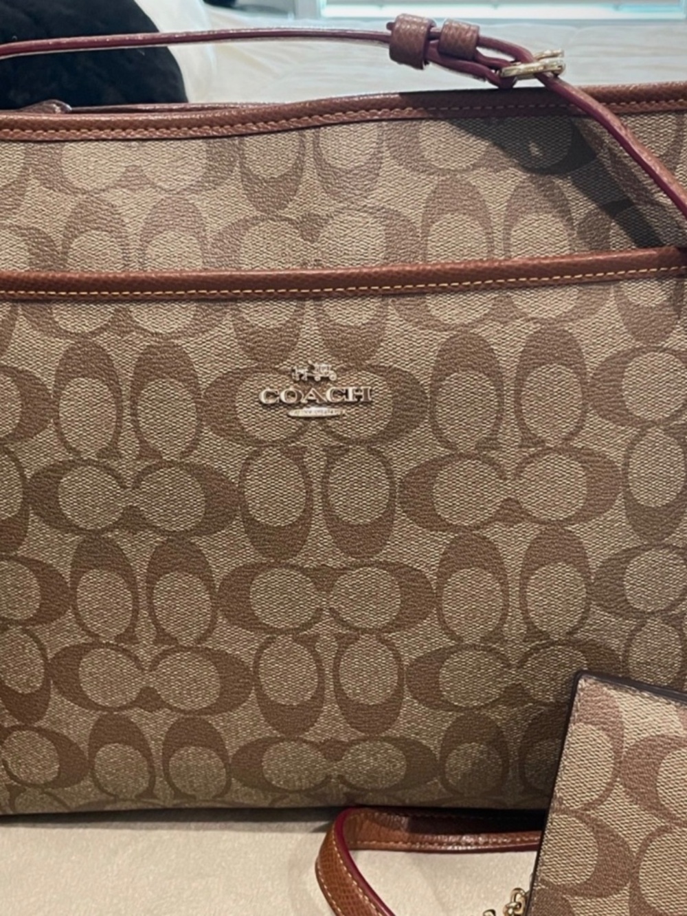 Coach Brown Leather Canvas Crossbody Bag Matching Wallet Signature Print Unisex - Picture 2 of 15